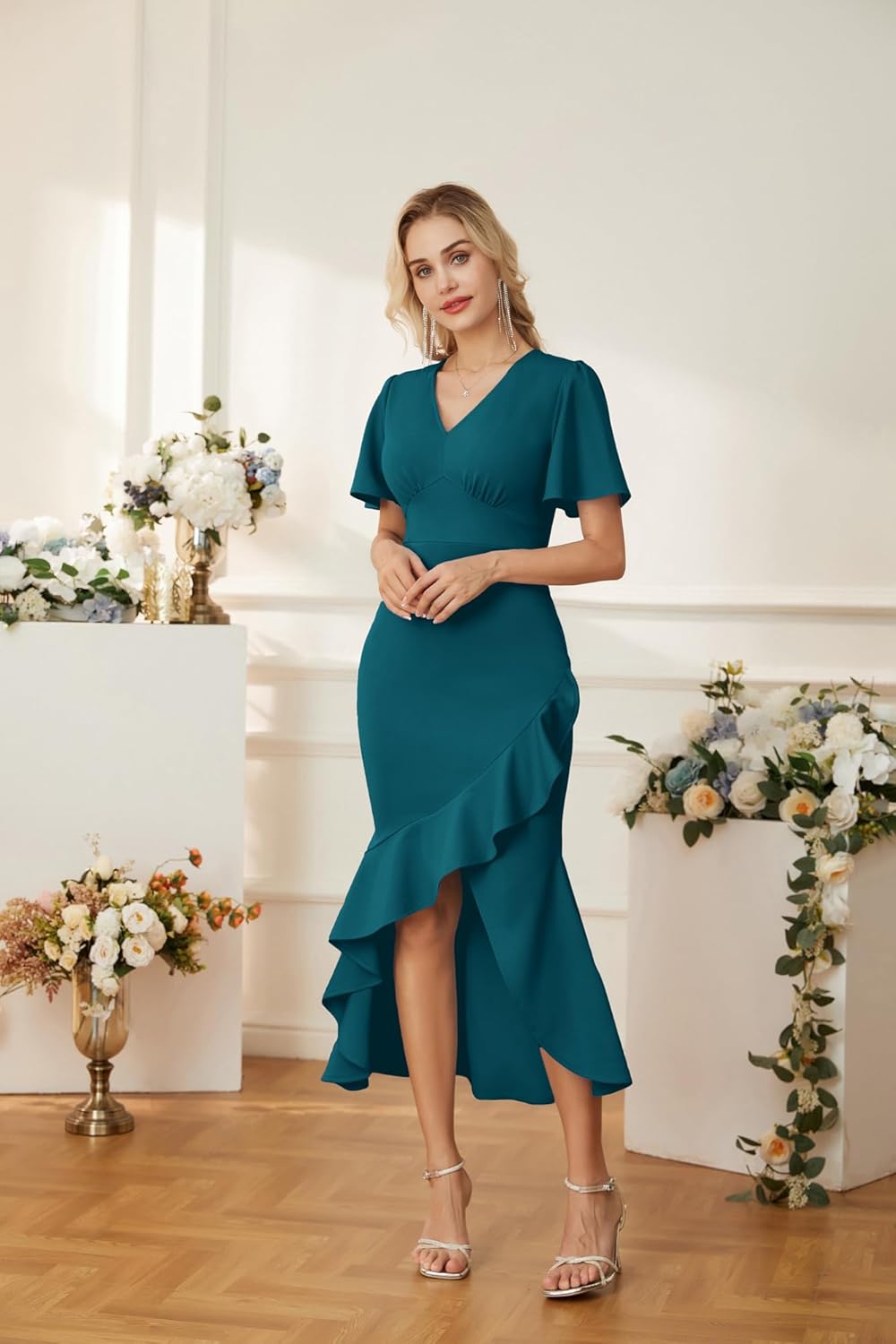 imageGRACE KARIN 2024 Elegant Ruffle Mermaid Formal Wedding Guest Dress Short Sleeve VNeck Cocktail Dress for Women Evening PartyPeacock Blue