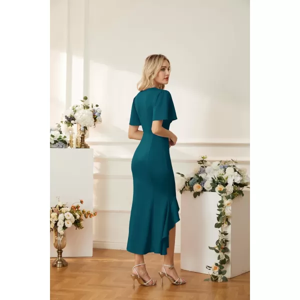 imageGRACE KARIN 2024 Elegant Ruffle Mermaid Formal Wedding Guest Dress Short Sleeve VNeck Cocktail Dress for Women Evening PartyPeacock Blue
