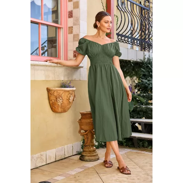 imageGRACE KARIN 2024 Womens Summer V Neck Smocked Cotton Dresses Short Puff Sleeve Flowy A Line Maxi Dress with PocketsArmy Green
