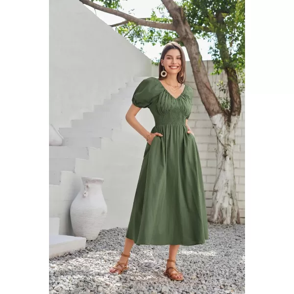imageGRACE KARIN 2024 Womens Summer V Neck Smocked Cotton Dresses Short Puff Sleeve Flowy A Line Maxi Dress with PocketsArmy Green