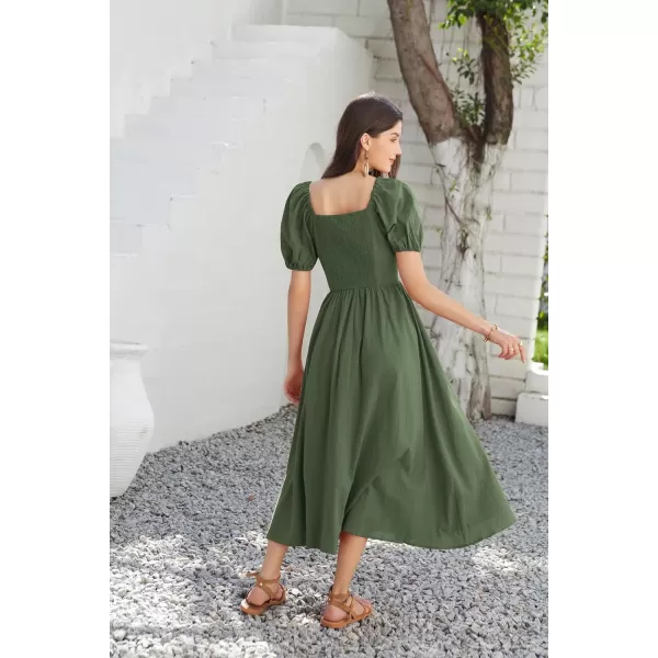 imageGRACE KARIN 2024 Womens Summer V Neck Smocked Cotton Dresses Short Puff Sleeve Flowy A Line Maxi Dress with PocketsArmy Green