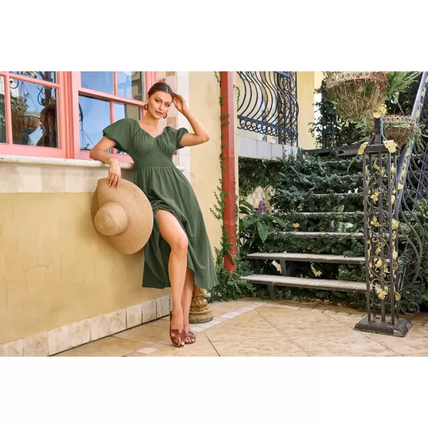 imageGRACE KARIN 2024 Womens Summer V Neck Smocked Cotton Dresses Short Puff Sleeve Flowy A Line Maxi Dress with PocketsArmy Green