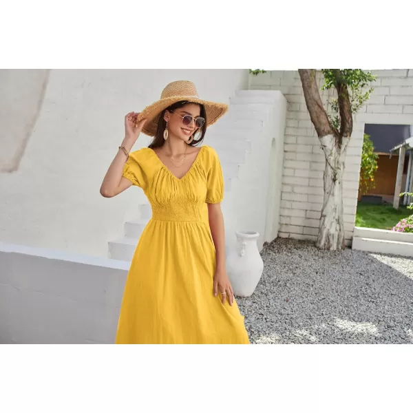 imageGRACE KARIN 2024 Womens Summer V Neck Smocked Cotton Dresses Short Puff Sleeve Flowy A Line Maxi Dress with PocketsGinger Yellow