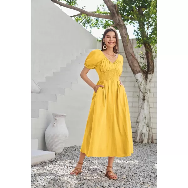 imageGRACE KARIN 2024 Womens Summer V Neck Smocked Cotton Dresses Short Puff Sleeve Flowy A Line Maxi Dress with PocketsGinger Yellow