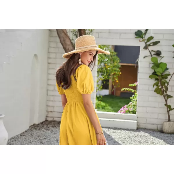 imageGRACE KARIN 2024 Womens Summer V Neck Smocked Cotton Dresses Short Puff Sleeve Flowy A Line Maxi Dress with PocketsGinger Yellow