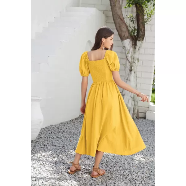 imageGRACE KARIN 2024 Womens Summer V Neck Smocked Cotton Dresses Short Puff Sleeve Flowy A Line Maxi Dress with PocketsGinger Yellow