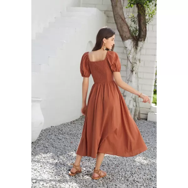 imageGRACE KARIN 2024 Womens Summer V Neck Smocked Cotton Dresses Short Puff Sleeve Flowy A Line Maxi Dress with PocketsRust Red