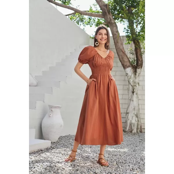 imageGRACE KARIN 2024 Womens Summer V Neck Smocked Cotton Dresses Short Puff Sleeve Flowy A Line Maxi Dress with PocketsRust Red