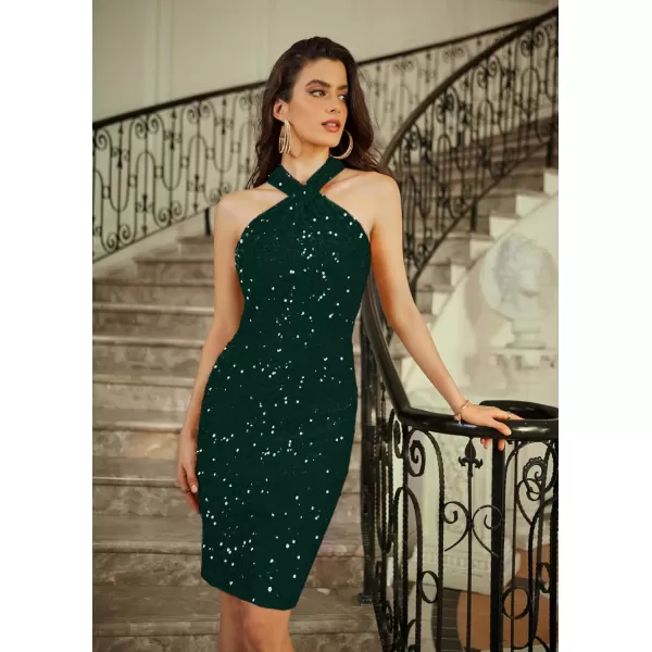 imageGRACE KARIN Sequin Dress for Women Sleeveless Sparkly Glitter Halter Dress Bodycon Mini Club Dresses 2024Dark Green