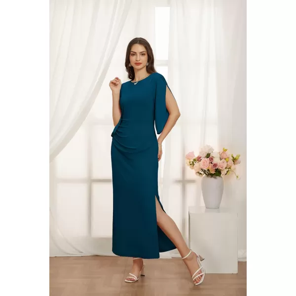 imageGRACE KARIN Women Elegant Formal Wedding Guest Dress Side Slit Ruched Bodycon Cocktail Party Maxi Long DressesPeacock Blue