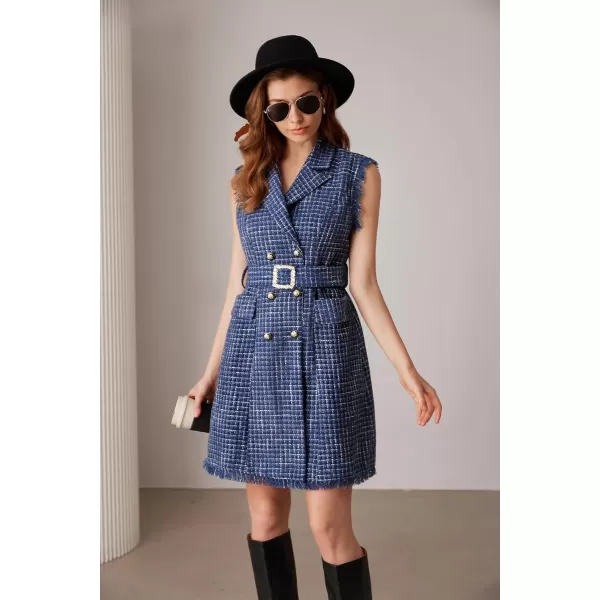 imageGRACE KARIN Women Tweed Sleeveless Lapel V Neck Button Down Vintage A Line Dress with PocketsNavy Blue