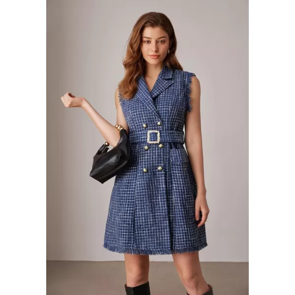 imageGRACE KARIN Women Tweed Sleeveless Lapel V Neck Button Down Vintage A Line Dress with PocketsNavy Blue