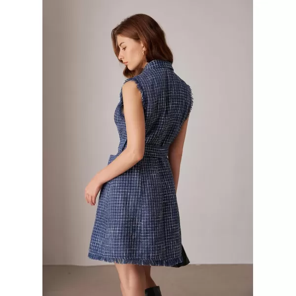 imageGRACE KARIN Women Tweed Sleeveless Lapel V Neck Button Down Vintage A Line Dress with PocketsNavy Blue