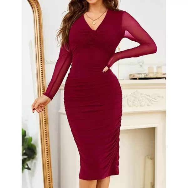 imageGRACE KARIN Womens Mesh Dress 2024 Fall Long Sleeve Ruched Bodycon Dress Twist Front Cocktail Wedding Guest Midi DressesRed