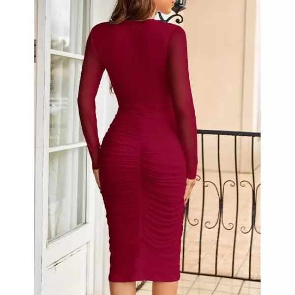 imageGRACE KARIN Womens Mesh Dress 2024 Fall Long Sleeve Ruched Bodycon Dress Twist Front Cocktail Wedding Guest Midi DressesRed