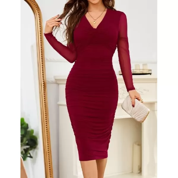 imageGRACE KARIN Womens Mesh Dress 2024 Fall Long Sleeve Ruched Bodycon Dress Twist Front Cocktail Wedding Guest Midi DressesRed