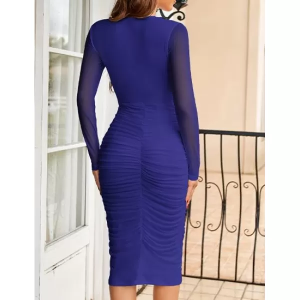 imageGRACE KARIN Womens Mesh Dress 2024 Fall Long Sleeve Ruched Bodycon Dress Twist Front Cocktail Wedding Guest Midi DressesRoyal Blue