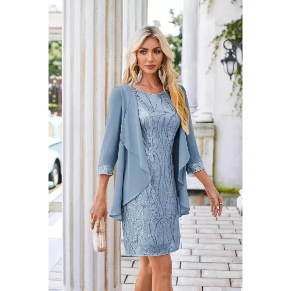 imageGRACE KARIN Womens Sequin Dress Wedding Guest Dresses Mother of The Bride Dresses Formal Dress Two Piece Dress Knee LengthLight Gray Blue