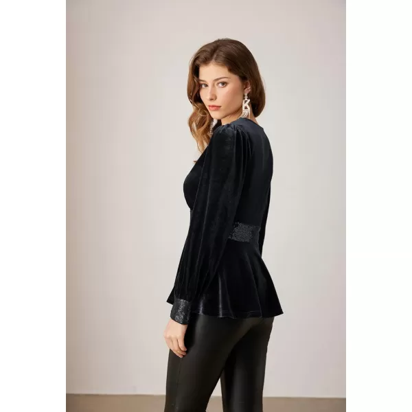 imageGRACE KARIN Womens V Neck Velvet Party Tops Long Sleeve Sparkly Sequin Peplum Cockatail Formal Fall Winter Blouse TopsBlack