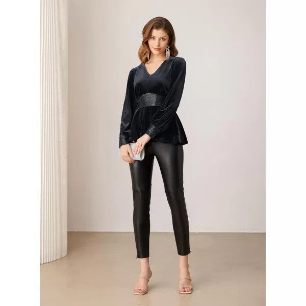 imageGRACE KARIN Womens V Neck Velvet Party Tops Long Sleeve Sparkly Sequin Peplum Cockatail Formal Fall Winter Blouse TopsBlack