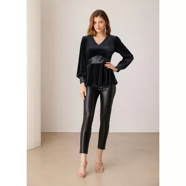 imageGRACE KARIN Womens V Neck Velvet Party Tops Long Sleeve Sparkly Sequin Peplum Cockatail Formal Fall Winter Blouse TopsBlack