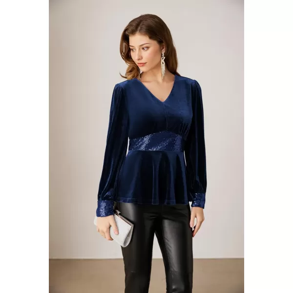 imageGRACE KARIN Womens V Neck Velvet Party Tops Long Sleeve Sparkly Sequin Peplum Cockatail Formal Fall Winter Blouse TopsDark Blue