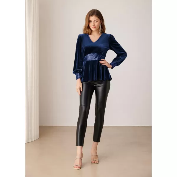 imageGRACE KARIN Womens V Neck Velvet Party Tops Long Sleeve Sparkly Sequin Peplum Cockatail Formal Fall Winter Blouse TopsDark Blue