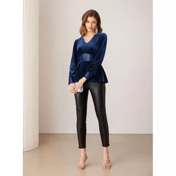 imageGRACE KARIN Womens V Neck Velvet Party Tops Long Sleeve Sparkly Sequin Peplum Cockatail Formal Fall Winter Blouse TopsDark Blue