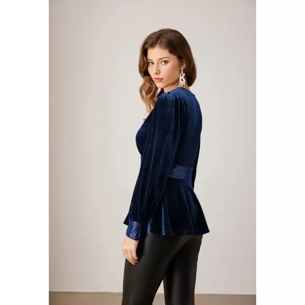 imageGRACE KARIN Womens V Neck Velvet Party Tops Long Sleeve Sparkly Sequin Peplum Cockatail Formal Fall Winter Blouse TopsDark Blue