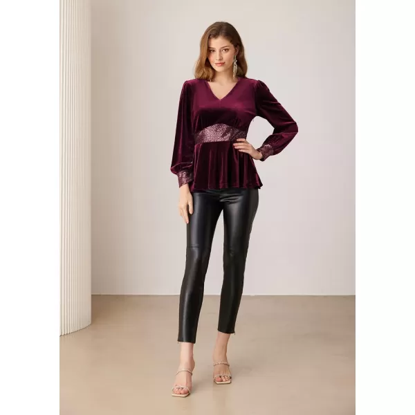 imageGRACE KARIN Womens V Neck Velvet Party Tops Long Sleeve Sparkly Sequin Peplum Cockatail Formal Fall Winter Blouse TopsDark Red