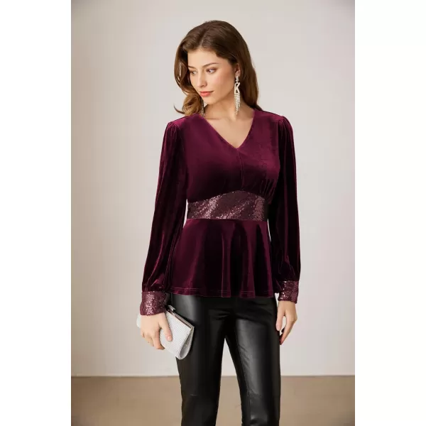 imageGRACE KARIN Womens V Neck Velvet Party Tops Long Sleeve Sparkly Sequin Peplum Cockatail Formal Fall Winter Blouse TopsDark Red