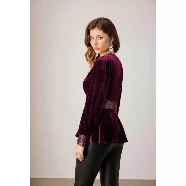 imageGRACE KARIN Womens V Neck Velvet Party Tops Long Sleeve Sparkly Sequin Peplum Cockatail Formal Fall Winter Blouse TopsDark Red