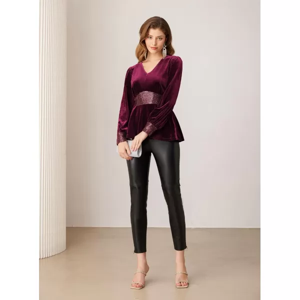 imageGRACE KARIN Womens V Neck Velvet Party Tops Long Sleeve Sparkly Sequin Peplum Cockatail Formal Fall Winter Blouse TopsDark Red