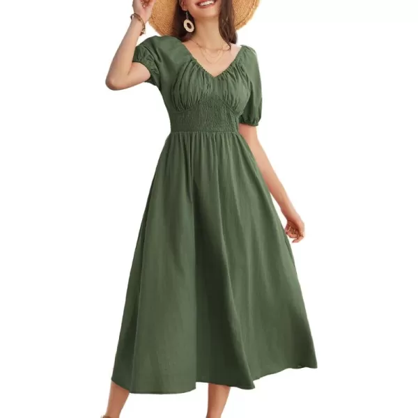 imageGRACE KARIN 2024 Womens Summer V Neck Smocked Cotton Dresses Short Puff Sleeve Flowy A Line Maxi Dress with PocketsArmy Green