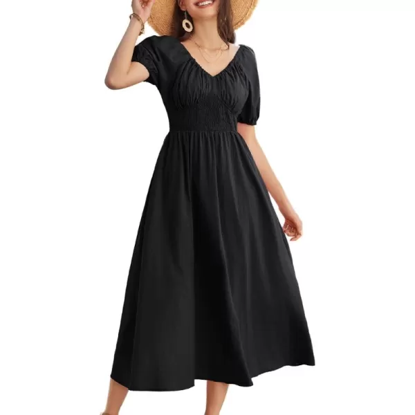 imageGRACE KARIN 2024 Womens Summer V Neck Smocked Cotton Dresses Short Puff Sleeve Flowy A Line Maxi Dress with PocketsBlack