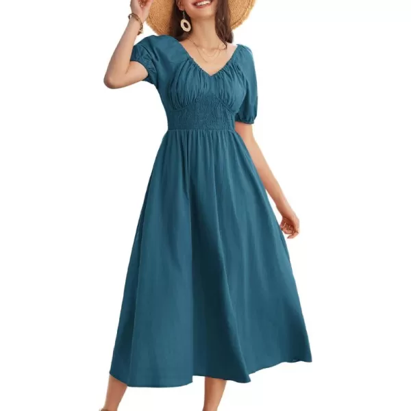 imageGRACE KARIN 2024 Womens Summer V Neck Smocked Cotton Dresses Short Puff Sleeve Flowy A Line Maxi Dress with PocketsDark Blue