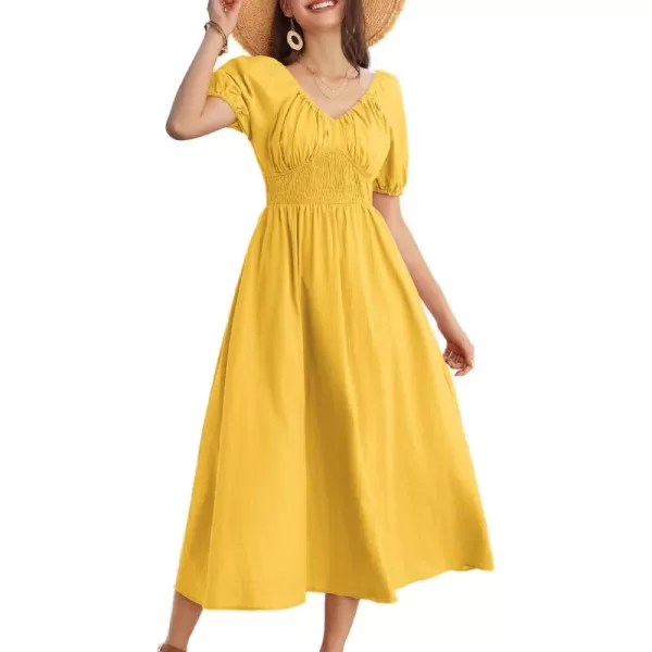 imageGRACE KARIN 2024 Womens Summer V Neck Smocked Cotton Dresses Short Puff Sleeve Flowy A Line Maxi Dress with PocketsGinger Yellow