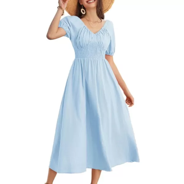 imageGRACE KARIN 2024 Womens Summer V Neck Smocked Cotton Dresses Short Puff Sleeve Flowy A Line Maxi Dress with PocketsLight Blue