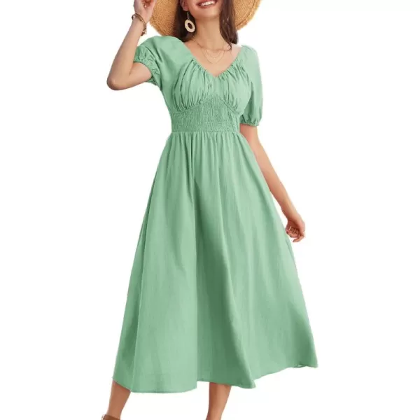 imageGRACE KARIN 2024 Womens Summer V Neck Smocked Cotton Dresses Short Puff Sleeve Flowy A Line Maxi Dress with PocketsLight Green