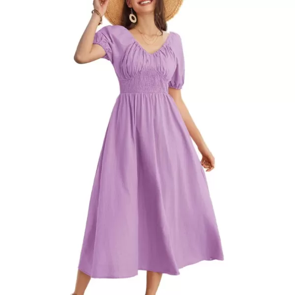 imageGRACE KARIN 2024 Womens Summer V Neck Smocked Cotton Dresses Short Puff Sleeve Flowy A Line Maxi Dress with PocketsLilac