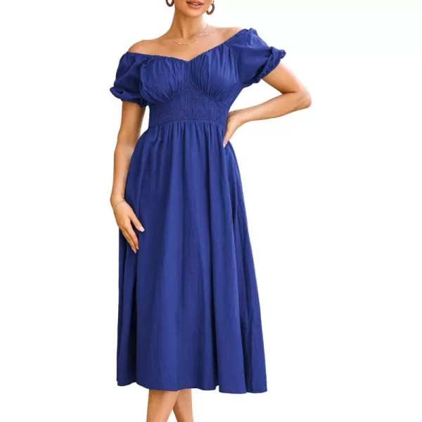 imageGRACE KARIN 2024 Womens Summer V Neck Smocked Cotton Dresses Short Puff Sleeve Flowy A Line Maxi Dress with PocketsRoyal Blue