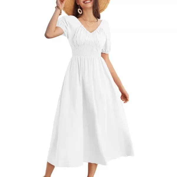 imageGRACE KARIN 2024 Womens Summer V Neck Smocked Cotton Dresses Short Puff Sleeve Flowy A Line Maxi Dress with PocketsWhite