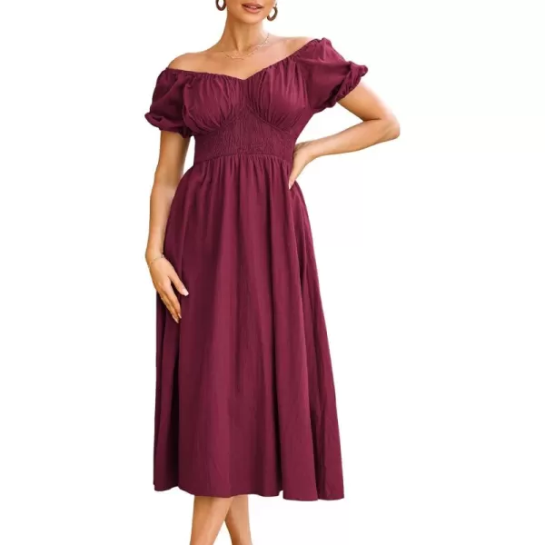 imageGRACE KARIN 2024 Womens Summer V Neck Smocked Cotton Dresses Short Puff Sleeve Flowy A Line Maxi Dress with PocketsWine Red