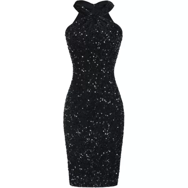 imageGRACE KARIN Sequin Dress for Women Sleeveless Sparkly Glitter Halter Dress Bodycon Mini Club Dresses 2024Black