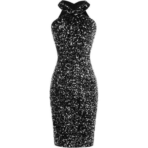 imageGRACE KARIN Sequin Dress for Women Sleeveless Sparkly Glitter Halter Dress Bodycon Mini Club Dresses 2024Black Silver