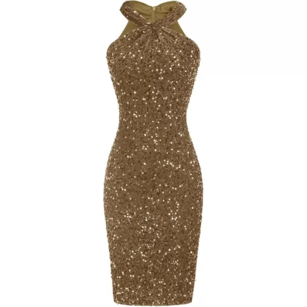 imageGRACE KARIN Sequin Dress for Women Sleeveless Sparkly Glitter Halter Dress Bodycon Mini Club Dresses 2024Brown