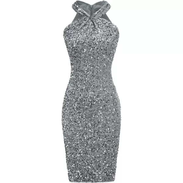 imageGRACE KARIN Sequin Dress for Women Sleeveless Sparkly Glitter Halter Dress Bodycon Mini Club Dresses 2024Dark Gray