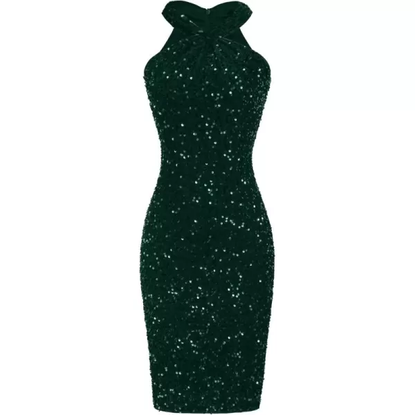 imageGRACE KARIN Sequin Dress for Women Sleeveless Sparkly Glitter Halter Dress Bodycon Mini Club Dresses 2024Dark Green