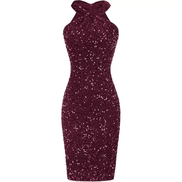 imageGRACE KARIN Sequin Dress for Women Sleeveless Sparkly Glitter Halter Dress Bodycon Mini Club Dresses 2024Dark Red