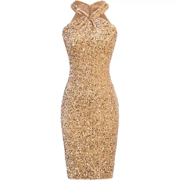 imageGRACE KARIN Sequin Dress for Women Sleeveless Sparkly Glitter Halter Dress Bodycon Mini Club Dresses 2024Gold